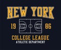 New York college style basketball t-shirt design. Tee shirt with basketball field. Sport apparel print. Vector
